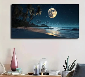 Moonlit Beach Nightscape With Palm Trees, Unframed Canvas Painting for Living - Bild 1 von 6