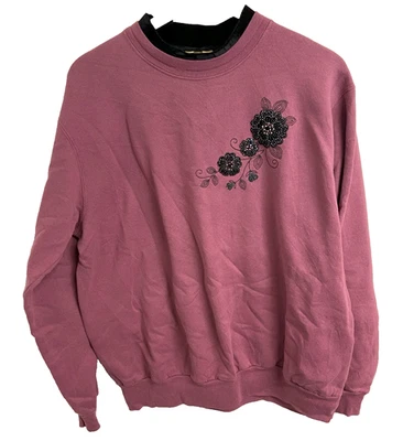 Vintage Morning Sun Sweatshirt Adult Large Red Pink Nature Floral Granny Black - Image 1 of 4