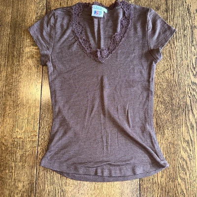 Camisa Top De Colección Años 90 Encaje Cuello en V Marrón La Belle Mediana Hecha en EE. UU. Kik Nylon Foto 1 de 4