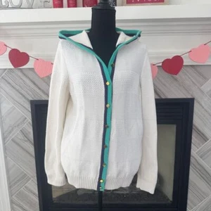 Tommy Hilfiger weiße Strick-Cardigan mit Kapuze und türkisem Besatz Knopfleiste L/G - Bild 1 von 6
