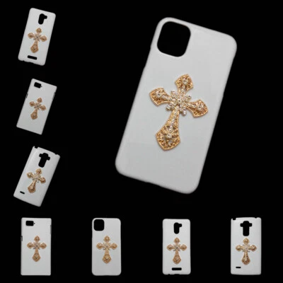 Cover For Various Phones 3D Gold Cross White Back Hard Protective Skin Case - Image 1 of 4