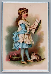 1800s Victorian Trade Card Hat & Bonnet Fasteners Providence Rhode Island Kitten - Picture 1 of 2