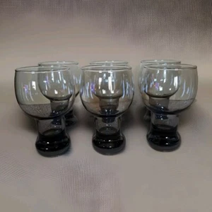 Vtg Set Of 6 MCM Smokey Gray Beer Glasses Footed Pedistal Bubble Shape Barware - Picture 1 of 9