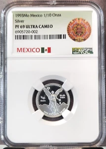 1993 MEXICO SILVER LIBERTAD 1/10 ONZA NGC PF 69 ULTRA CAMEO SCARCE BRIGHT GEM - Picture 1 of 3