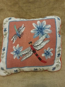 Vintage Needlepoint Throw Pillow Dragonfly and Flowers 11" - Picture 1 of 9