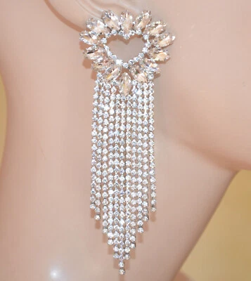 Orecchini Donna argento cuore cristalli strass fili pendenti lunghi sposa UX12 - Immagine 1 di 2