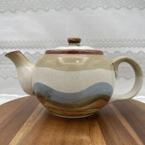 vtg MCM  Otagiri Stoneware HORIZON  TEAPOT Beige Blue Brown 56oz earthenware - Picture 1 of 15