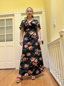 Vintage 70’s Black Floral Capelet Maxi Dress Cape Flower Empire S Fits 6 Orange - Picture 1 of 11