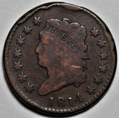 1814 Classic Head Large Cent - Plain 4 - Rim Damage - US 1c Copper Coin - Image 1 of 4