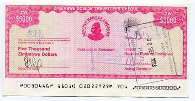 Zimbabwe 5 000 Dollar Travellers Cheque Pick 16 Error - Double MICR Overprint b - Image 1 of 4