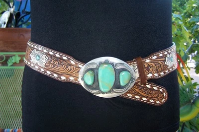 Cinturón de Rodeo Occidental De Colección Turquesa Plata Hebilla Ancha Tooled Cuero Pintado Foto 1 de 4