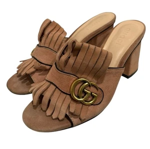 Gucci Marmont Suede Slides IT 40 Fringe Mule Rose Pink GG Logo Heels Sandals - Picture 1 of 9