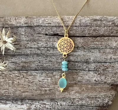 Edelstein Chalzedon  Amazonit Damen Halskette ,Silber 925 Schmuck, vergoldet - Bild 1 von 4