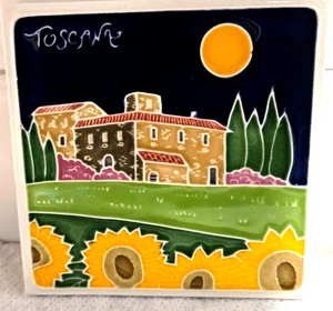 Vtg Creazioni Luciano TOSCANA Italy Ceramic SUNFLOWERS Tile Wall Hanging 4" X4" - Picture 1 of 6