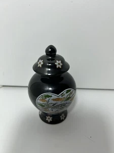 Vintage Ingwerglas schwarze Blumen Wasserszene mit Vogel klein  - Bild 1 von 12