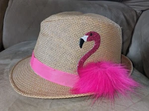 Adult Women or Big Kid Girl Pink Fuzzy FLAMINGO Beige Beach Sun Hat Fedora - Picture 1 of 6