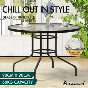 ALFORDSON Outdoor Furniture Patio Dining Table Garden 90CM Round Glass Black - Picture 1 of 11