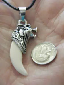 Wolves Necklace White Faux Resin Teeth Silver Wolf Head Kids Sizes 17"-19" NEW! - Picture 1 of 7