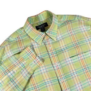 Brooks Brothers Linen Shirt Men XL Country Club Chest Pocket Green Plaid USA