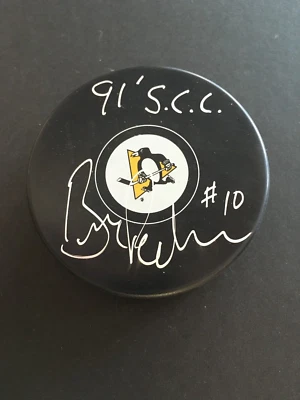 BARRY PEDERSON AUTOGRAPHED PENGUINS PUCK  " 91' S.C.C. " INSCR.  JSA - Image 1 of 4