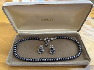 Juego de aretes collar esterlina 925 perlas negras de agua dulce genuinas vintage Estate - Imagen 1 de 13