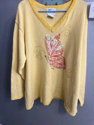 The Quacker Factory Sweater Womens 3X Yellow Butterfly V Neck - Image 1 of 4