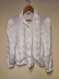 1980's Women's White Satin Asymmetric Secretarial Style White Blouse - Picture 1 of 6