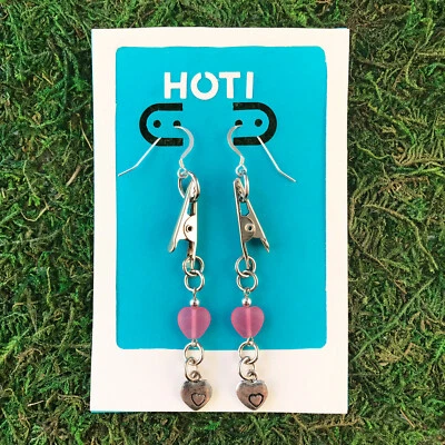 HOTI Hemp Handmade Hot Pink Frosted Glass Heart Roach Clip Earrings Charm Hearts - Image 1 of 4