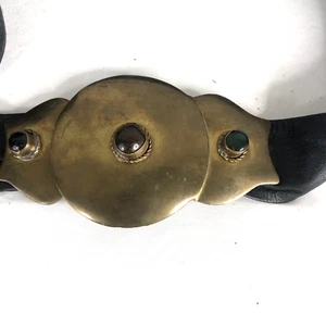 Vtg Leather Belt Women Black Embossed Fish Head Jeweled Brass Buckle Boho Arts - Picture 1 of 14