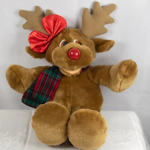 Bufanda a cuadros de peluche de la Commonwealth nariz roja reno animal de peluche y arco rojo 1988 - Imagen 1 de 4