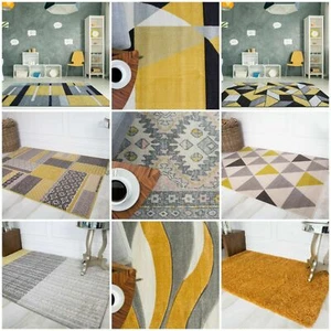 Mustard Gold Ochre Popular Grey Rugs Large Small Fluffy Shag Room Area Rug - Picture 1 of 55