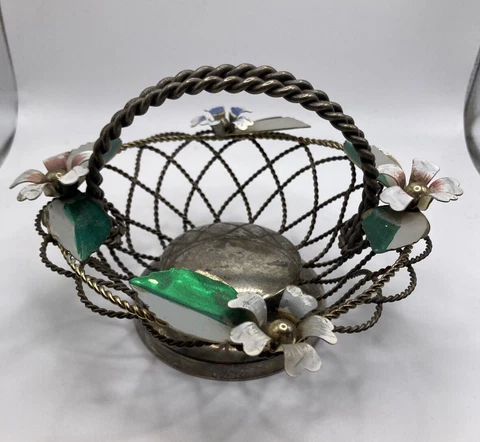 Vintage 1980’s Silver Plated Mesh Wire Basket Braided With Metal Flowers Cover