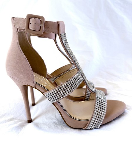 Sandalo Jessica Simpson Barrera Jeweled Blush scamosciato cinturino a T taglia 8 indossato una volta!