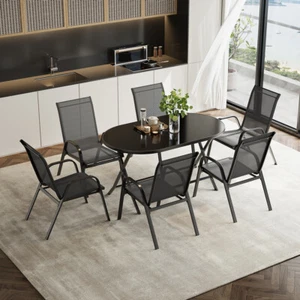 Portable Outdoor Patio Set Foldable Black Table + Stackable Chairs Garden Dining - Picture 1 of 32