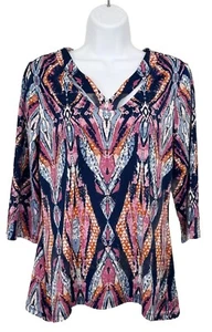 ND Women PM MP Tunic Top Boho Geometric Print Y Neck Artsy Office Cottagecore - Picture 1 of 8