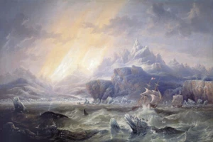 HMS Erebus and Terror in the Antarctic James Carmichael 1847 Painting Print - Picture 1 of 1