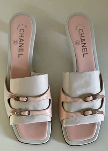 Chanel Light Blue/Pink Leather Camellia Buckle Kitten Heel Mule Sandals -Size 38 - Picture 1 of 13