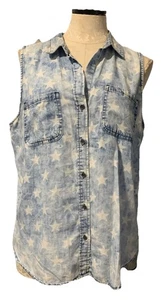 Top ROCK & REPUBLIC Blue Stars High Low Sleeveless Button Up cotton sz L - Picture 1 of 10