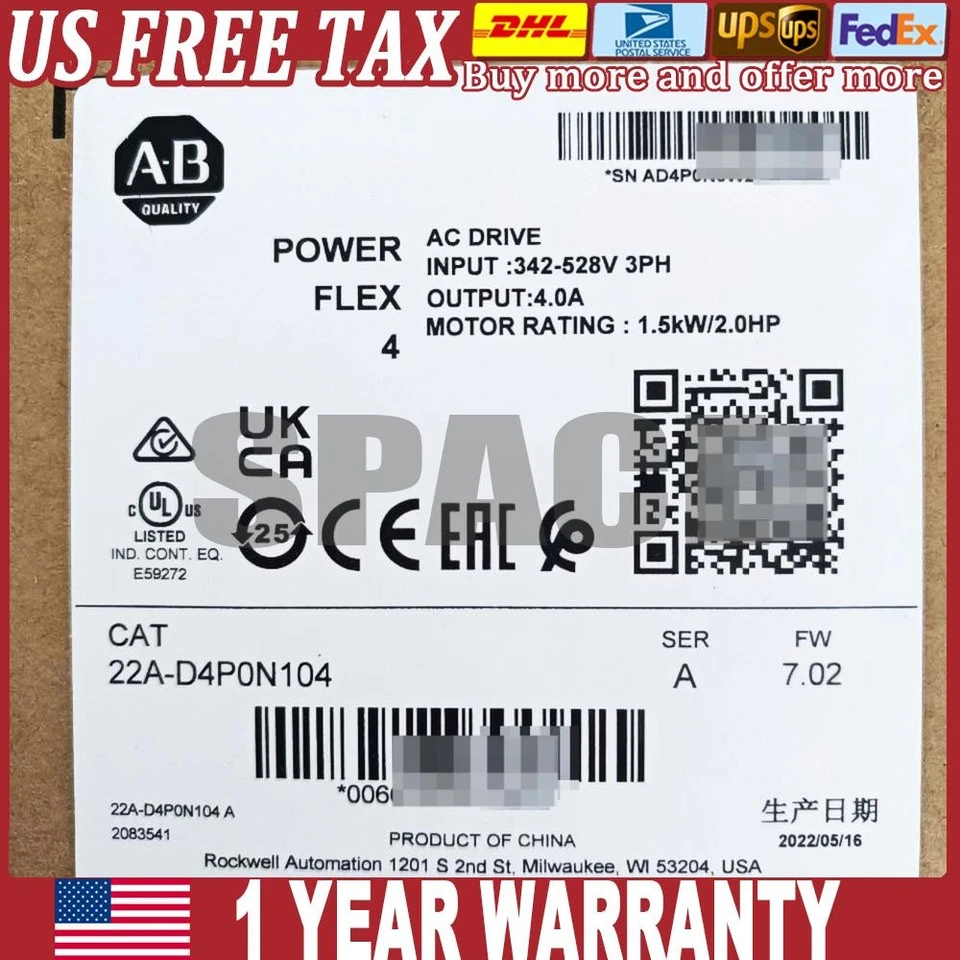 Allen Bradley PowerFlex 4 3-Phase In 1.5kW Inverter Drive - 22A-D4P0N104