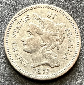 VERY NICE 1874 THREE CENT NICKEL FREE US SHIPPING - Picture 1 of 2