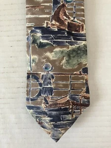 Zylos George Machado Men's Necktie Tie Silk Painting People Picnic Scene Made US - Picture 1 of 8