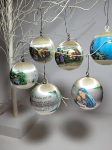 Lot of 6 Vintage Satin Silk Ball Christmas Ornaments Religious Theme - Picture 1 of 5