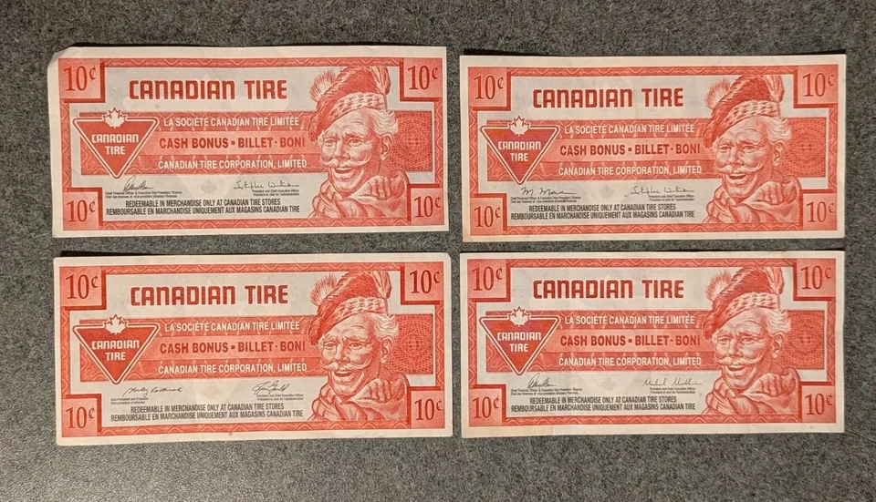 Lot Of 4 Canadian Tire Money 10 Cent Coupon Bills, Various Years - Image 1 of 2