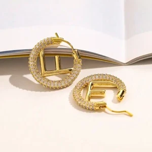 F Letter Gold Hoop 14k Gold Plate F Cubic Zircon Diamond wrap 1.2" inch Shiny - Picture 1 of 3