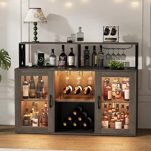 Wine Bar Cabinet Home Mini Coffee Bar Cabinet with LED Lights and Power Outlets - Picture 1 of 14