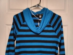 Womens Sweater Top Long Sleeve Size Medium Black Blue Striped Blouse Shirt Cowl - Picture 1 of 4