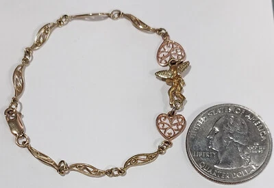 Solid 10k Yellow GOLD Angel Tennis Bracelet w/Rose Gold Accent Hearts 3.2 Grams - Image 1 of 4