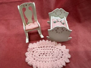 Doll House Hand Painted Nursery Cradle, Rocking Chair and Rug - Picture 1 of 7