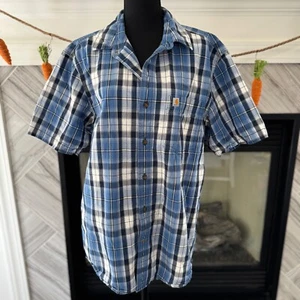 Carhartt Relaxed Fit Plaid Button Up Short Sleeve Shirt Blue White Mens L - Picture 1 of 4
