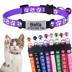 Green Personalized Cat Collar with Bell Kitten Engraved Name Tag Puppy Cute Paw - Picture 1 of 18